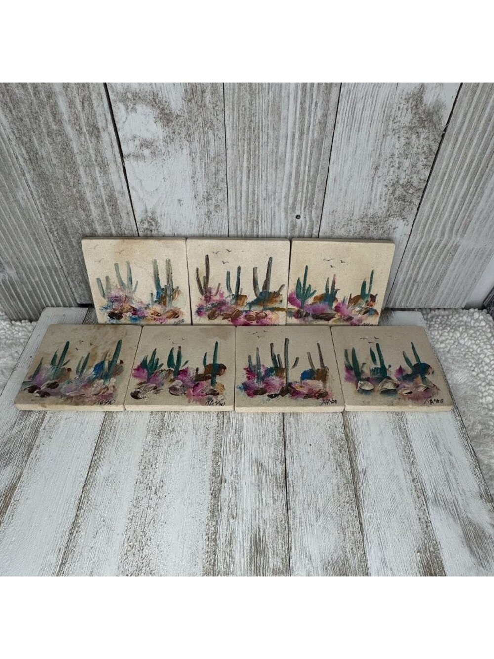 Vintage Hand-Painted Stone / Ceramic Coasters Desert Cactus Scene Tasso Set of 7